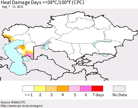 Kazakhstan Heat Damage Days >=38°C/100°F (CPC) Thematic Map For 8/7/2023 - 8/13/2023