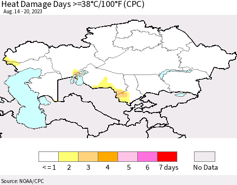 Kazakhstan Heat Damage Days >=38°C/100°F (CPC) Thematic Map For 8/14/2023 - 8/20/2023