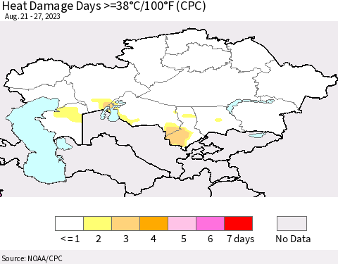 Kazakhstan Heat Damage Days >=38°C/100°F (CPC) Thematic Map For 8/21/2023 - 8/27/2023