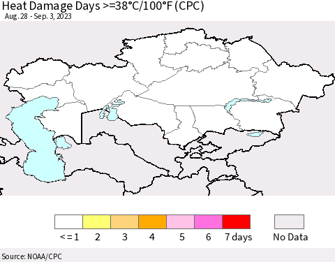 Kazakhstan Heat Damage Days >=38°C/100°F (CPC) Thematic Map For 8/28/2023 - 9/3/2023