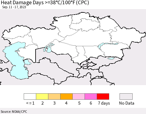 Kazakhstan Heat Damage Days >=38°C/100°F (CPC) Thematic Map For 9/11/2023 - 9/17/2023