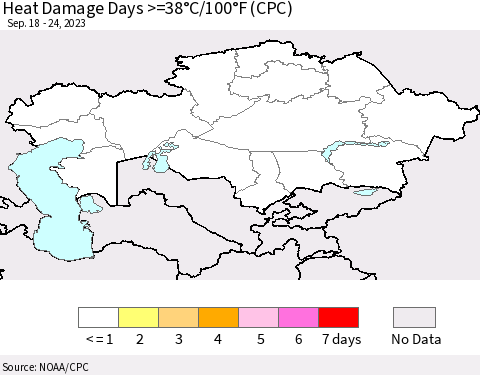 Kazakhstan Heat Damage Days >=38°C/100°F (CPC) Thematic Map For 9/18/2023 - 9/24/2023