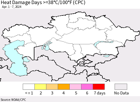 Kazakhstan Heat Damage Days >=38°C/100°F (CPC) Thematic Map For 4/1/2024 - 4/7/2024