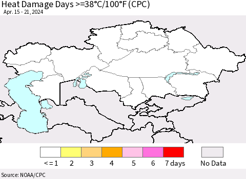 Kazakhstan Heat Damage Days >=38°C/100°F (CPC) Thematic Map For 4/15/2024 - 4/21/2024