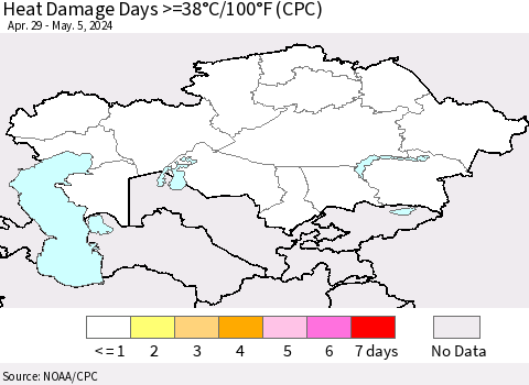 Kazakhstan Heat Damage Days >=38°C/100°F (CPC) Thematic Map For 4/29/2024 - 5/5/2024