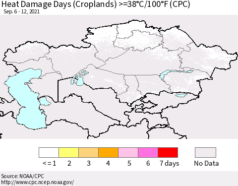 Kazakhstan Heat Damage Days (Croplands) >=38°C/100°F (CPC) Thematic Map For 9/6/2021 - 9/12/2021