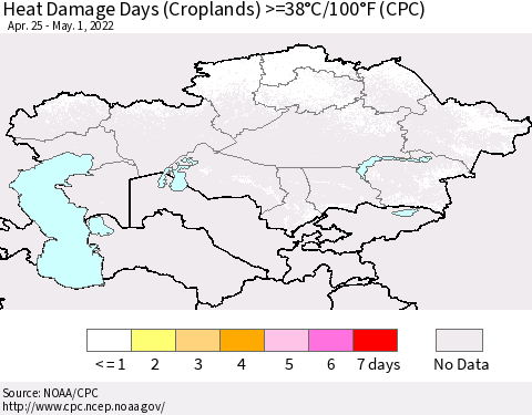Kazakhstan Heat Damage Days (Croplands) >=38°C/100°F (CPC) Thematic Map For 4/25/2022 - 5/1/2022