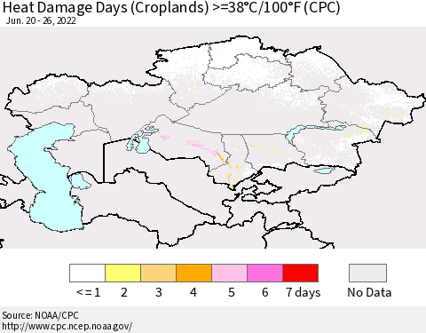 Kazakhstan Heat Damage Days (Croplands) >=38°C/100°F (CPC) Thematic Map For 6/20/2022 - 6/26/2022