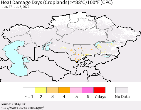 Kazakhstan Heat Damage Days (Croplands) >=38°C/100°F (CPC) Thematic Map For 6/27/2022 - 7/3/2022