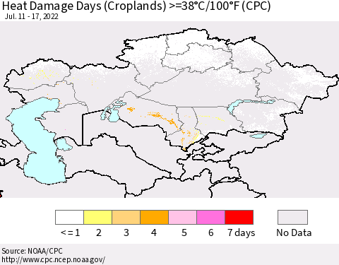 Kazakhstan Heat Damage Days (Croplands) >=38°C/100°F (CPC) Thematic Map For 7/11/2022 - 7/17/2022