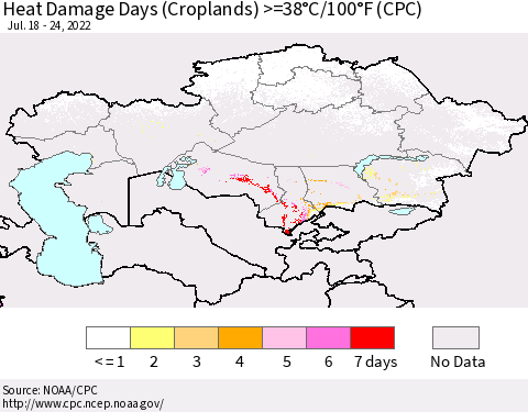 Kazakhstan Heat Damage Days (Croplands) >=38°C/100°F (CPC) Thematic Map For 7/18/2022 - 7/24/2022