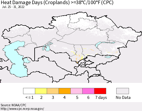 Kazakhstan Heat Damage Days (Croplands) >=38°C/100°F (CPC) Thematic Map For 7/25/2022 - 7/31/2022