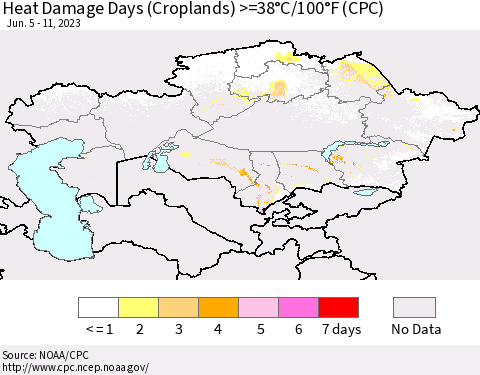 Kazakhstan Heat Damage Days (Croplands) >=38°C/100°F (CPC) Thematic Map For 6/5/2023 - 6/11/2023