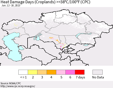 Kazakhstan Heat Damage Days (Croplands) >=38°C/100°F (CPC) Thematic Map For 6/12/2023 - 6/18/2023