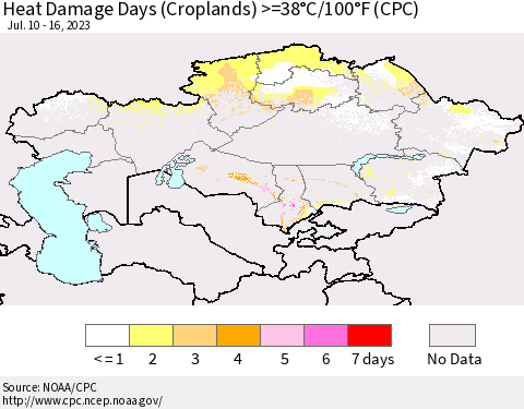 Kazakhstan Heat Damage Days (Croplands) >=38°C/100°F (CPC) Thematic Map For 7/10/2023 - 7/16/2023
