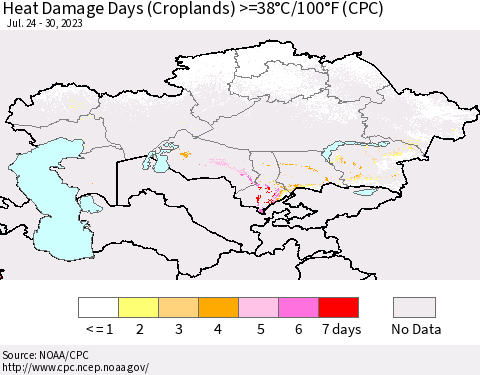 Kazakhstan Heat Damage Days (Croplands) >=38°C/100°F (CPC) Thematic Map For 7/24/2023 - 7/30/2023