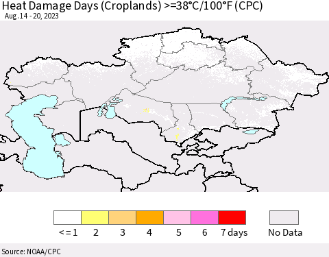 Kazakhstan Heat Damage Days (Croplands) >=38°C/100°F (CPC) Thematic Map For 8/14/2023 - 8/20/2023