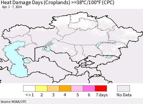 Kazakhstan Heat Damage Days (Croplands) >=38°C/100°F (CPC) Thematic Map For 4/1/2024 - 4/7/2024