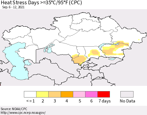 Kazakhstan Heat Stress Days >=35°C/95°F (CPC) Thematic Map For 9/6/2021 - 9/12/2021