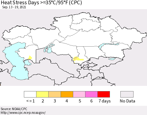 Kazakhstan Heat Stress Days >=35°C/95°F (CPC) Thematic Map For 9/13/2021 - 9/19/2021
