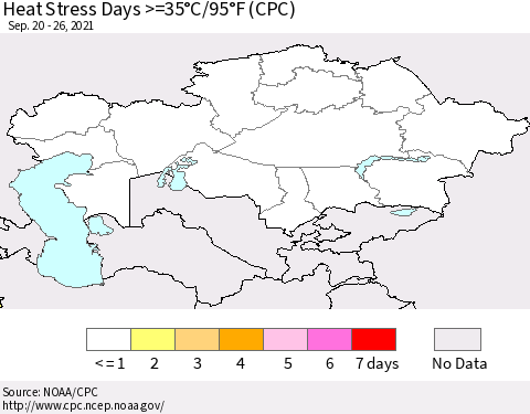 Kazakhstan Heat Stress Days >=35°C/95°F (CPC) Thematic Map For 9/20/2021 - 9/26/2021