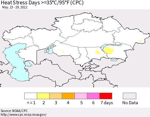 Kazakhstan Heat Stress Days >=35°C/95°F (CPC) Thematic Map For 5/23/2022 - 5/29/2022
