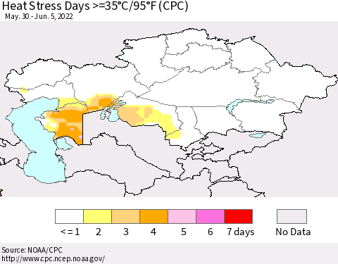 Kazakhstan Heat Stress Days >=35°C/95°F (CPC) Thematic Map For 5/30/2022 - 6/5/2022