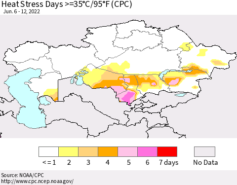 Kazakhstan Heat Stress Days >=35°C/95°F (CPC) Thematic Map For 6/6/2022 - 6/12/2022