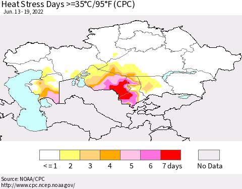 Kazakhstan Heat Stress Days >=35°C/95°F (CPC) Thematic Map For 6/13/2022 - 6/19/2022