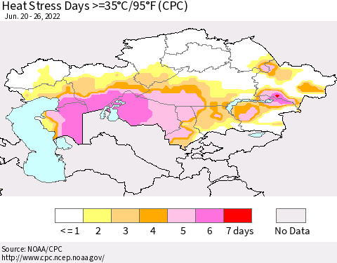 Kazakhstan Heat Stress Days >=35°C/95°F (CPC) Thematic Map For 6/20/2022 - 6/26/2022