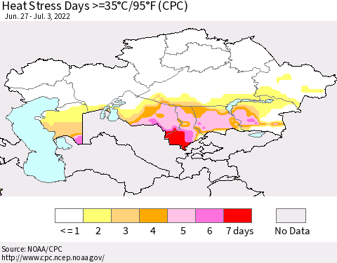 Kazakhstan Heat Stress Days >=35°C/95°F (CPC) Thematic Map For 6/27/2022 - 7/3/2022