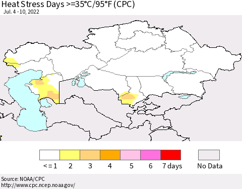 Kazakhstan Heat Stress Days >=35°C/95°F (CPC) Thematic Map For 7/4/2022 - 7/10/2022