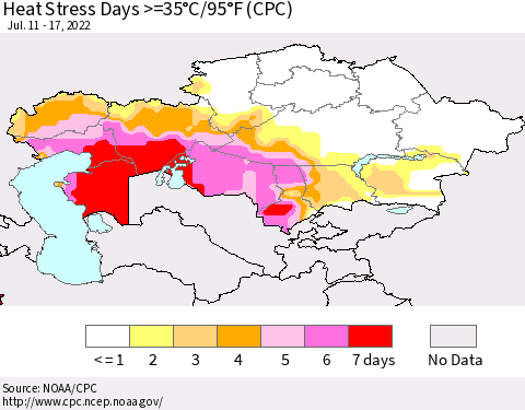 Kazakhstan Heat Stress Days >=35°C/95°F (CPC) Thematic Map For 7/11/2022 - 7/17/2022