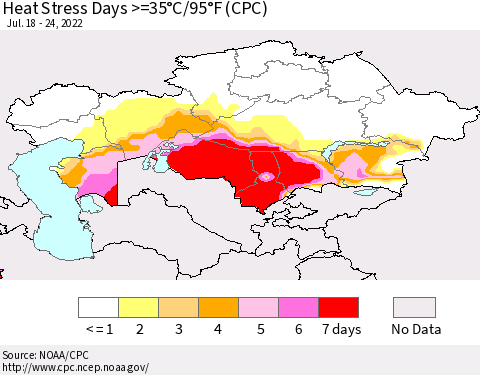 Kazakhstan Heat Stress Days >=35°C/95°F (CPC) Thematic Map For 7/18/2022 - 7/24/2022