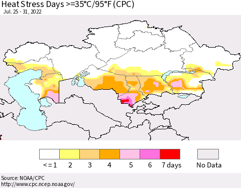 Kazakhstan Heat Stress Days >=35°C/95°F (CPC) Thematic Map For 7/25/2022 - 7/31/2022