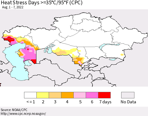 Kazakhstan Heat Stress Days >=35°C/95°F (CPC) Thematic Map For 8/1/2022 - 8/7/2022