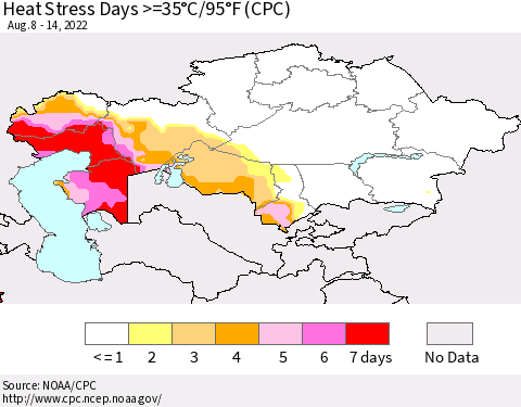 Kazakhstan Heat Stress Days >=35°C/95°F (CPC) Thematic Map For 8/8/2022 - 8/14/2022