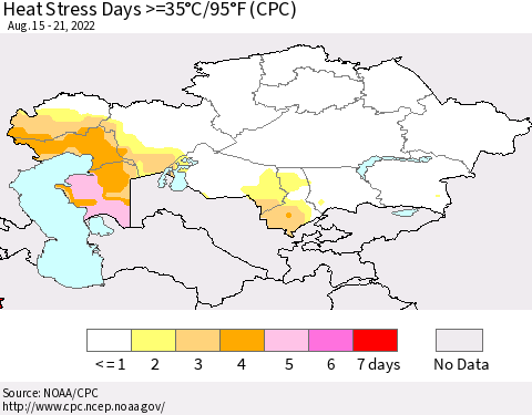 Kazakhstan Heat Stress Days >=35°C/95°F (CPC) Thematic Map For 8/15/2022 - 8/21/2022
