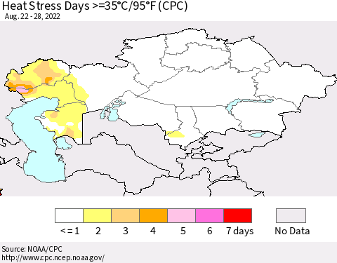 Kazakhstan Heat Stress Days >=35°C/95°F (CPC) Thematic Map For 8/22/2022 - 8/28/2022
