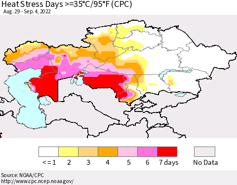 Kazakhstan Heat Stress Days >=35°C/95°F (CPC) Thematic Map For 8/29/2022 - 9/4/2022