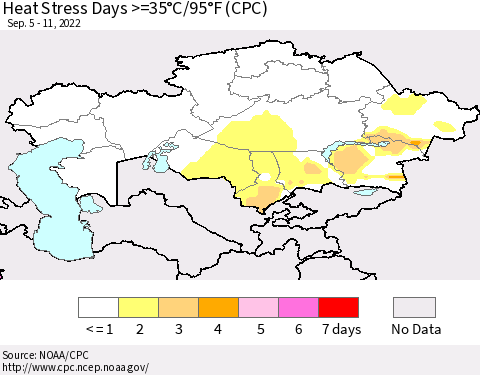 Kazakhstan Heat Stress Days >=35°C/95°F (CPC) Thematic Map For 9/5/2022 - 9/11/2022