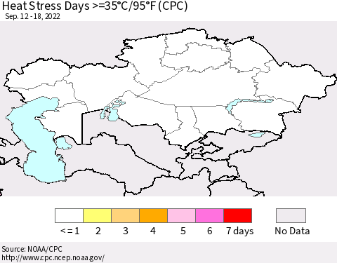 Kazakhstan Heat Stress Days >=35°C/95°F (CPC) Thematic Map For 9/12/2022 - 9/18/2022