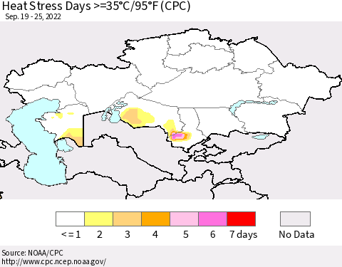 Kazakhstan Heat Stress Days >=35°C/95°F (CPC) Thematic Map For 9/19/2022 - 9/25/2022