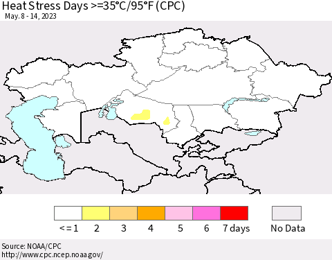 Kazakhstan Heat Stress Days >=35°C/95°F (CPC) Thematic Map For 5/8/2023 - 5/14/2023
