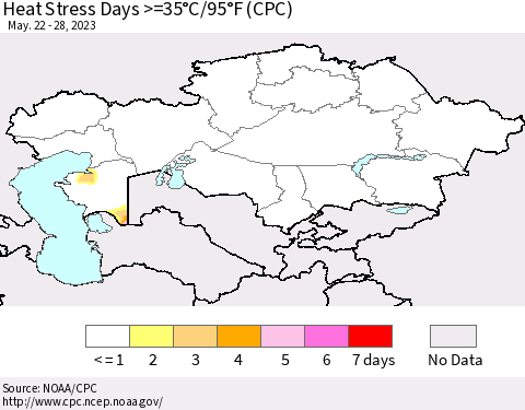 Kazakhstan Heat Stress Days >=35°C/95°F (CPC) Thematic Map For 5/22/2023 - 5/28/2023