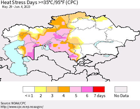 Kazakhstan Heat Stress Days >=35°C/95°F (CPC) Thematic Map For 5/29/2023 - 6/4/2023