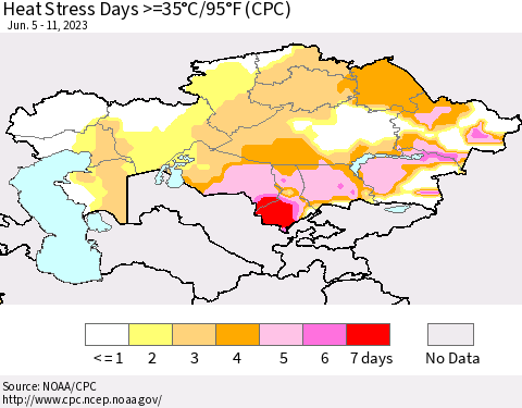 Kazakhstan Heat Stress Days >=35°C/95°F (CPC) Thematic Map For 6/5/2023 - 6/11/2023