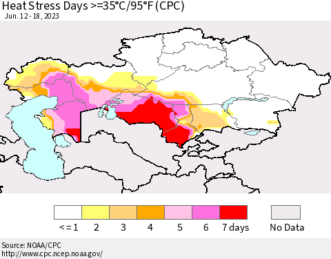 Kazakhstan Heat Stress Days >=35°C/95°F (CPC) Thematic Map For 6/12/2023 - 6/18/2023