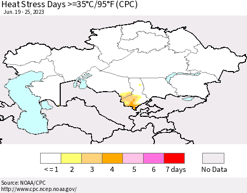 Kazakhstan Heat Stress Days >=35°C/95°F (CPC) Thematic Map For 6/19/2023 - 6/25/2023