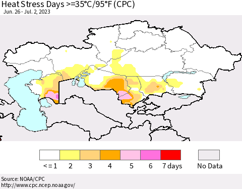 Kazakhstan Heat Stress Days >=35°C/95°F (CPC) Thematic Map For 6/26/2023 - 7/2/2023